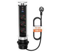 Multiprise Encastrable USB C PD30W avec 3 Prises, Prise Escamotable Plan de Travail 2 USB-C et 1 USB-A, Bloc Prise Escamotable pour Cuisine Bureau Chambres Salon, Câble 1,8m, Diamètre 60mm