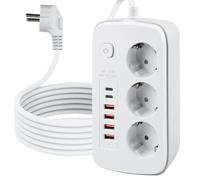 Multiprise escamotable à 3 compartiments avec 4 ports USB, prise de table avec 4 ports USB C, prise encastrable avec interrupteur, pour table de bureau, câble de 2 m, blanc