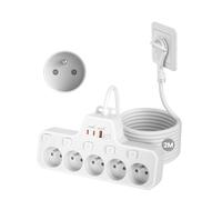 Multiprise Extra-Plate 5 Prises Française,Prise Fiche Plate Derriere Meuble avec Terre 16A 2P+T,Multiprise Electrique avec Interrupteur Individuel,PD20W Bloc Multiple Murale,Rallonge Câble 2 m,Blanc