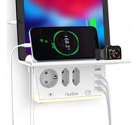Multiprise Murale avec Veilleuse et Support avec 3 Prises et 4 Ports USB pour la Cuisine, Salle de Bains, Chambre à Coucher, Protection Contre Les Surtensions