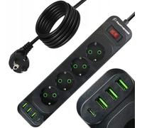 Multiprise Pantherise 5m - 3X USB-A, 1x USB-C, Prises avec Terre, Interrupteur avec témoin Lumineux, rallonge 2500W (4 Prises)