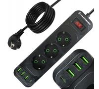 Multiprise Pantherise 5m - 3X USB-A, 1x USB-C, Prises avec Terre, Interrupteur avec témoin Lumineux, rallonge 2500W (3 Prises)