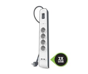 Multiprise parafoudre 4 prises + 2 USB A blanche Belkin