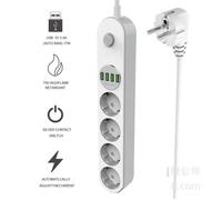 Multiprise - Parafoudre - 4 Prises - 4 USB - Type E - 10A - 2m - Blanc