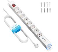 Multiprise Parafoudre 8 Prises avec USB (2×USB-C PD 20W + 1×USB-A), Bloc 360° Rotatif pour Montage Mural avec Interrupteurs, Câble d’Extension 1,8 m, 16A/4000W, Blanc - Sewingvr