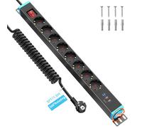 Multiprise Parafoudre 8 Prises avec USB (2×USB-C PD 20W + 1×USB-A), Bloc 360° Rotatif pour Montage Mural, Câble en Spirale 1,5 m, 16A/4000W, Noir - Sewingvr