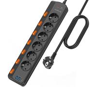 Multiprise Parafoudre avec 6 Prises et PD 20W 1 Port Type-C et 2 Ports USB-A, Multiprise USB avec 7 Interrupteurs Individuels, Multiprise Electrique 3680W/16A, 1050 J, Cordon 3M pour Maison.[G73]