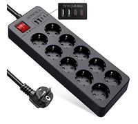 Multiprise Parafoudre avec Interrupteur, Bloc Multiprise 10 Prises 4 USB Chargeur, Prise Multiple avec USB C, Protection Enfant Rallonge Electrique, Montage Murale, 1,5m Câble, Noir