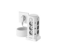 Multiprise parafoudre Tour 12 Prises, 4 USB-A et 2 USB-C, 5M Cordon, 4 interrupteurs, Gris