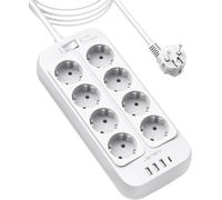 Multiprise Parasurtenseur,Bloc Multiprise 8 Prises avec 4 Ports USB Chargeur (3 USB A+1 USB C) Prise Multi Parasurtenseur Parafoudre et Surtension avec Interrupteur Cable 3M-Blanc
