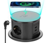 Multiprise, Prise rétractable, 2 USB A, Prise de Table à 3 Compartiments, Prise de Table escamotable avec Chargeur sans Fil 15 W, Bloc Prise Encastrable Automatique, 3680 W/16 A, 1.8m câble, Ø 120MM