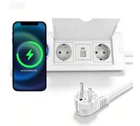 Multiprise rétractable USB C PD 20 W et 15 W Charge sans fil, prise encastrable à 2 prises, prise de table, prise de table pour bureau, cuisine, blanc, câble de 1,5 m, Leikurvo