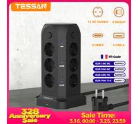 Multiprise TESSAN avec 12 prises, 4 USB et 2 Type C, 4 interrupteurs individuels, prise EU, rallonge de 2 m, protection contre les surtensions Gray-5M