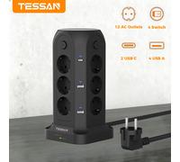 Multiprise TESSAN avec 12 prises, 6 ports USB, 4 interrupteurs individuels, prise EU, rallonge de 2 m, protection contre les surtensions Gray-5M