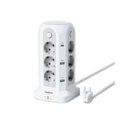 Multiprise Tower, 12 prises, 6 ports USB (2 USB C), 4 interrupteurs indépendants, câble d'extension de 2 mètres, blanche, multiprise avec protection