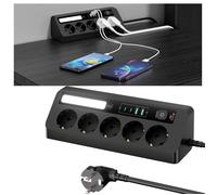 Multiprise Universelle, LED Multiprise Parafoudre, avec 5 Prises, 2 USB-C, 2 USB-A, Câble 1.8M, interrupteur, 2500W, Noir