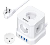 Multiprise USB Cube, TOPREK Cube Rallonge Multiprise 2M avec 5 Prises AC Française, 1 USB C(20W PD3.0) et 3 USB A, 1 Interrupteur, 4000W/16A, France Voyage Bureau à Domicile Power Board, Blanc