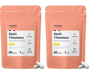 Multivitamines et Minéraux, 15 Nutriments Essentiels, Vitamines A B C D E + Magnésium & Zinc, Immunité & Énergie, 60 gélules Vegan, Cure de 1 mois, Fabriqué en France, Essentials by Novoma (Lot de 2)