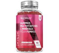 Multivitamines Femme Gummies Vegan, Multivitamines et Minéraux, 13 Vitamines et Minéraux Vitamine C D E A B Zinc Iode Acide Hyaluronique Omega 6, 9, 90 Gummies Goût Fraise & Framboise plus d'1 Mois