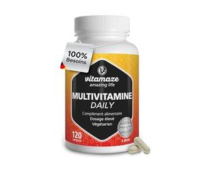 Multivitamines Hautement Dosées en Gélules pour Hommes et Femmes, 13 Vitamines Naturelles A, B, C, D, E et K, 120 Capsules Véganes pour 4 Mois, sans Additifs Inutiles et sans Iode, Vitamaze