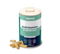 Multivitamines & Minéraux • Réduit la fatigue & boost l’énergie • 22 vitamines, minéraux & actifs naturels: A,B,C,D,E, Magnésium, Zinc • 30 jours • Fabrication FR • marque écoresponsable • AqeeLab