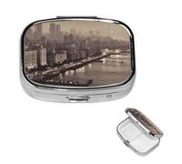 Mumbai City of Dreams Pilulier carré portable à 2 compartiments pour poche ou sac à main Petit planificateur hebdomadaire de médicaments de voyage avec miroir décoratif en métal Porte-vitamines Cadeau