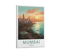 Mumbai India Poster vintage de voyage sur toile pour salon, chambre à coucher, dortoir, maison, bureau - 20 x 30 cm