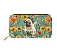 Mumeson Portefeuille long à motif hipster pour femme avec fermeture éclair en cuir synthétique, Fleur de carlin, taille unique