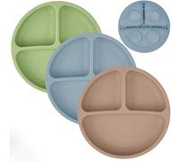 MumEZ Lot de 3 assiettes à ventouse en silicone pour bébé - Assiettes de sevrage pour plateau de chaise haute - incassables, portables, antidérapantes (café + bleu + vert)