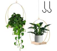 mumisuto Lot De 2 Pots Fleurs Suspendus, Suspension pour Plantes avec Base en Bois avec Crochet De Suspension, Support Pots Suspendu pour Fleur DéCoration Jardin, Balcon, Patio, FenêTre (Or+Bois)
