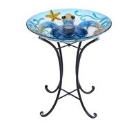 MUMTOP Glass Bird Bath, Bird Baths for Outdoors, Solar Birdfeeder with Metal Stand for Garden, Yard, Lawn Decor Sea Turtle Pattern(Blue, 21.5"X18")