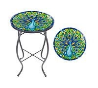 MUMTOP Table d'appoint d'extérieur - Petites tables de patio en mosaïque - Support rond de 35,6 cm pour plantes de jardin et salon (paon)