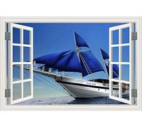 MUMUWUSG Vinyle Bleu Ciel Plage Bateau Faux Fenêtres Wall Sticker, 3D Autocollant Creative Autocollant Amovible Art Stickers Muraux Pour Chambre, Salon, Chambre D'Enfants 120X80Cm