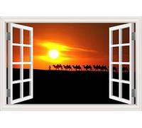 MUMUWUSG Vinyle Coucher De Soleil Ciel Désert Chameau 3D Fenêtre Vue Paysage Autocollant Sticker Mural Autocollant Décoration Murale Effet Fenêtre Pour Salon Chambre Mural Fenêtre Amovible 60X40Cm