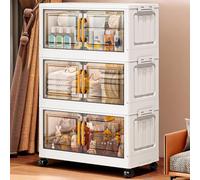 MUMUXIAO Bacs de rangement empilables en plastique avec couvercles, armoire de rangement pliable avec portes et roues, conteneur de placard pliable pour salon, bureau, dortoir (transparent, 3)