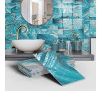 MUMUXIAO Lot de 16 papiers peints autocollants 3D imperméables en PVC pour cuisine et salle de bains - 10 x 20 cm (cyan)