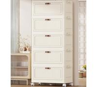 MUMUXIAO Lot de 5 bacs de rangement empilables avec couvercles, boîtes de rangement pliables en plastique avec roues pour maison, bureau, dortoir, chambre (45 x 24 x 22 cm, blanc)