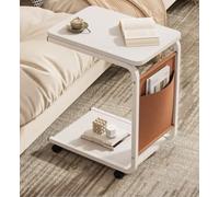 MUMUXIAO Table d'appoint pour canapé-lit avec poche de rangement, table d'appoint en forme de C pour travailler étudier manger, table d'appoint mobile avec roulettes (blanc)