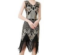 MUNAFIE Robe Charleston Années 20 à Paillettes et Franges - Costume de Fête Gatsby Flapper 1920 Pour Femme, Noir/Or, M