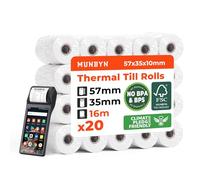 MUNBYN Rouleau TPE 57mm x 35mm x 16m Rouleau Papier Thermique,Rouleau Thermique pour Systèmes POS, Terminaux PDQ, Appareils Photo Instantanés et Machines à Carte Bancaire, Sans BPA/BPS [20 x]