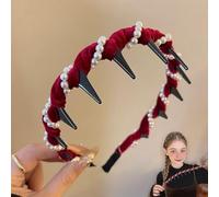 Munichsunny Vintage High Cranium Artificial Pearl Hairband, Yulyoie High Cranium Headbands for Women with Teeth. Stylish Bling Hair Hoop for Wedding,Party Or Daily Wear (Red)