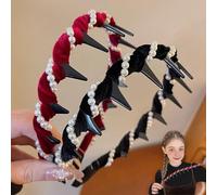 Munichsunny Vintage High Cranium Artificial Pearl Hairband, Yulyoie High Cranium Headbands for Women with Teeth. Stylish Bling Hair Hoop for Wedding,Party Or Daily Wear (Black+Red)