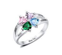 MunkiMix Bague en Argent Sterling 925 Personnalisée Gravure 2/3/4 Nom Texte Personnalisé avec Pierres de Naissance pour Les Femmes Saint Valentin Fête des Mères Bijoux Cadeau (4 Prénoms, Taille 67)