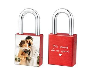 MunkiMix Cadenas D'amour Gravure Photo/Text/Date/Symboles Personnaliser Cadeau pour Couples Hommes Femmes Petit Ami Amant Anniversaire Valentin Anniversaire (Rouge/Couleur)