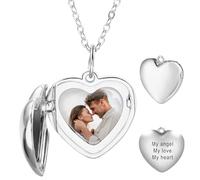 MunkiMix Collier Médaillon Forme Cœur Personnalisé Argent Sterling 925 avec Photo à l'intérieur Or/Argent/Or Rose Pendentif Coeur Ailes D'ange Collier Commémoratif Cadeau pour Femme - A1