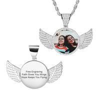 MunkiMix Collier Pendentif Hip-Hop Personnalisé pour Hommes Femmes, Cuivre Aile d'Ange & Cercle Pendentif avec Photo/Texte Gravé L'intérieur, Mémorial avec Photo Collier Chaîne Cadeau pour L'amour -B2