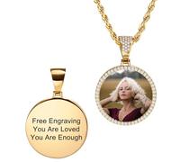 MunkiMix Collier Pendentif Hip-Hop Personnalisé pour Hommes Femmes, Cuivre Aile d'Ange & Cercle Pendentif avec Photo/Texte Gravé L'intérieur, Mémorial avec Photo Collier Chaîne Cadeau pour L'amour -A1