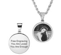MunkiMix Collier Pendentif Hip-Hop Personnalisé pour Hommes Femmes, Cuivre Aile d'Ange & Cercle Pendentif avec Photo/Texte Gravé L'intérieur, Mémorial avec Photo Collier Chaîne Cadeau pour L'amour -A4