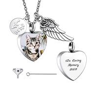 MunkiMix Collier Personnalisé pour Cendres, Imprimé Patte Pendentif Urne Cœur, Nom de Photo Gravé, Bijoux Funéraires Chien Chats, Souvenir Commémoratif de Crémation avec Ailes d'ange