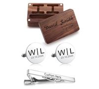 Munkimix Ensemble de Boutons de Manchette Personnalisés avec Initiales et Pince Cravate Livré Dans un écrin en Bois Sculpté Boutons de Manchette Personnalisés pour Garçons d'honneur Mari et Papa -C1
